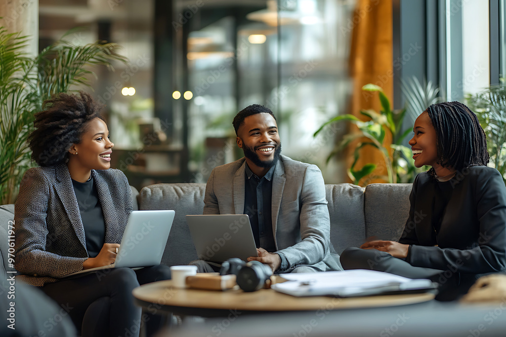 Smiling group of black work colleagues talking together during a meeting in the lounge of a modern office Smiling group of black work colleagues talking together during a meeting in the lounge of a modern office