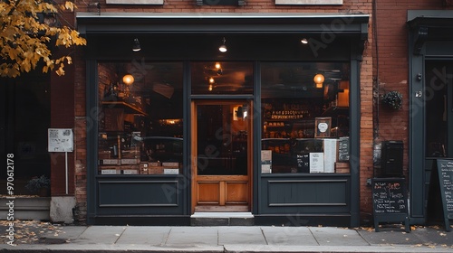 A storefront with a wooden door and brick facade