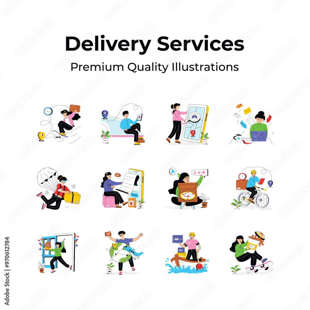 Collection of delivery services character illustration in flat style Collection of delivery services character illustration in flat style