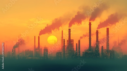 Silhouetted industrial cityscape at sunset with smoke plumes billowing from factory chimneys.