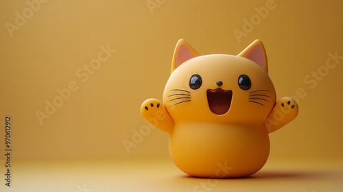 A cheerful yellow cat toy with a happy expression against a warm orange background, perfect for playful and joyful themes.