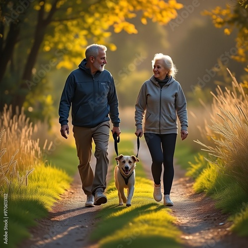 Amazing high resolution photos of a mature athletic couple walking their pet on a health trail. Hobbies