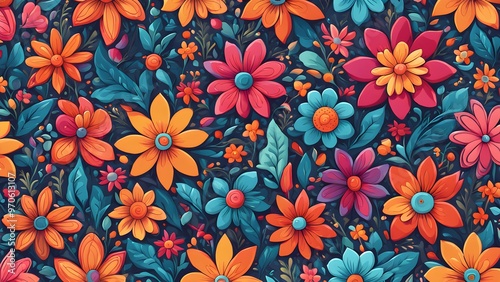 Wallpaper Mural A seamless pattern of colorful flowers on a dark blue background. Torontodigital.ca