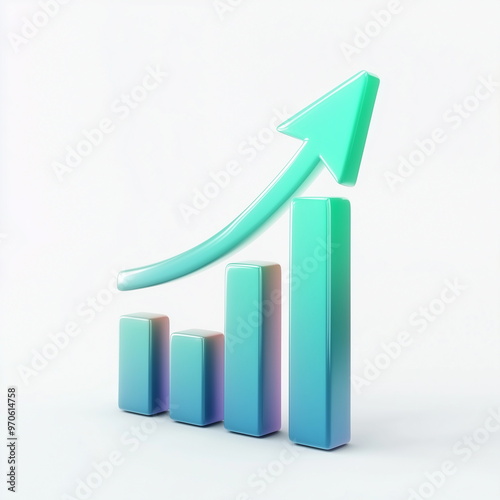 3d graphically represented bar graphs and rising arrows. Blue green gradient color. Isolated on white background. Rising, growth, success, increase, statistics, data, economy, chart, stock