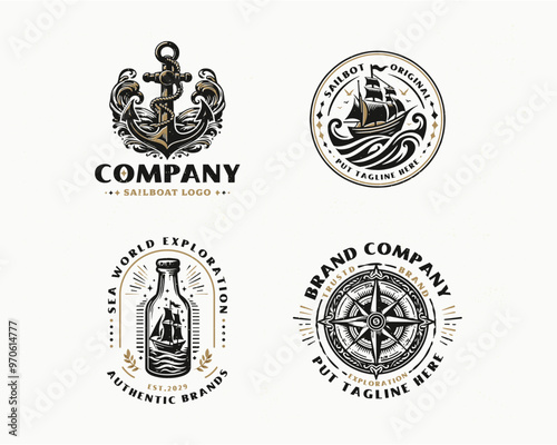 set vintage classic marine sailboat nautical emblem logo for business company