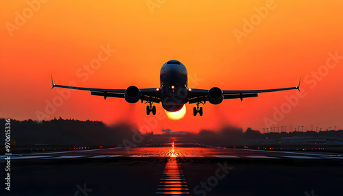 Airplane taking off at sunset.