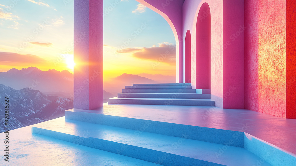 Fototapeta premium Breathtaking view of colorful architecture at sunset, showcasing vibrant arches and serene landscape, perfect for tranquil settings.