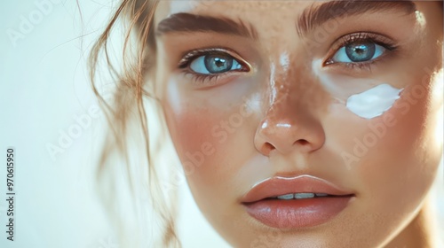 close-up a woman's face being treated with light face cream, light background