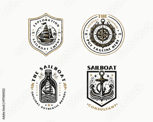 set vintage classic marine sailboat nautical emblem logo for business company