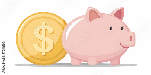 Minimalist Flat Vector Illustration of Shiny Dollar Sign and Classic Piggy Bank Isolated on White Background - Emphasizing Savings and Profits in Smart Business Design