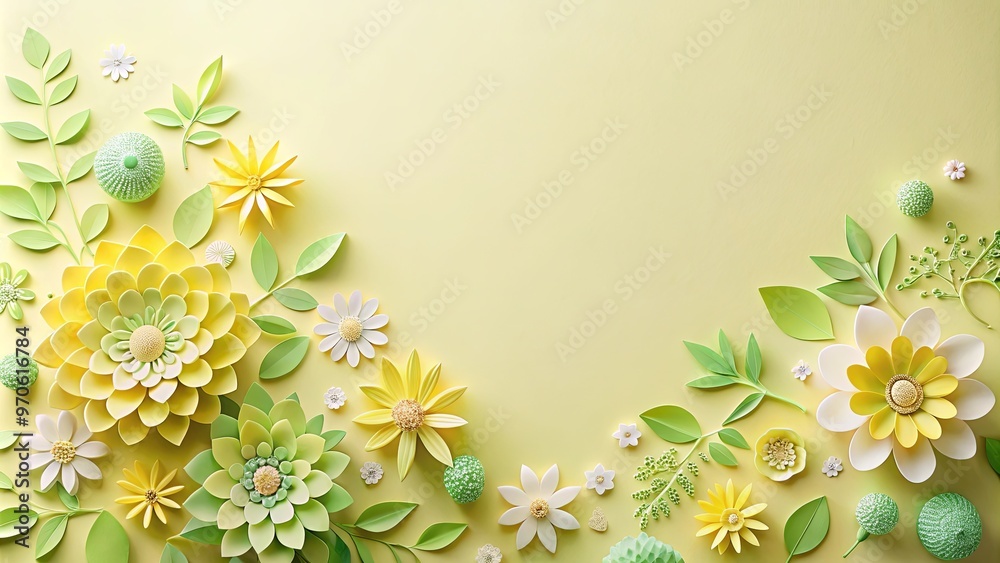 Delicate paper cut flowers in pastel yellow and green abstract background for spring-themed design projects Delicate paper cut flowers in pastel yellow and green abstract background for spring-themed design projects
