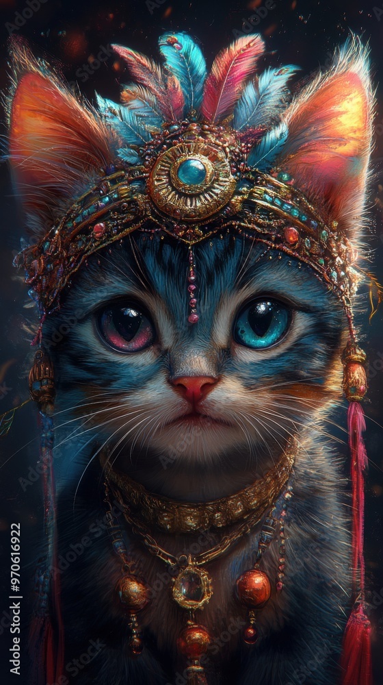 Enchanting Cat Adorned with Vibrant Tribal Jewelry in Mystical Setting Image Enchanting Cat Adorned with Vibrant Tribal Jewelry in Mystical Setting Image