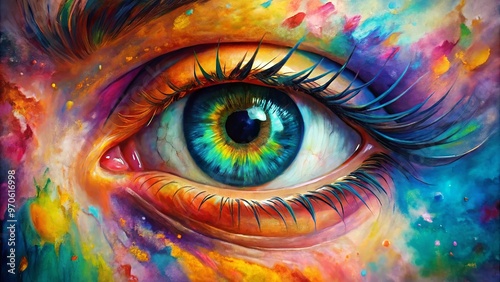 Abstract and colorful human eye painted with strokes of paint