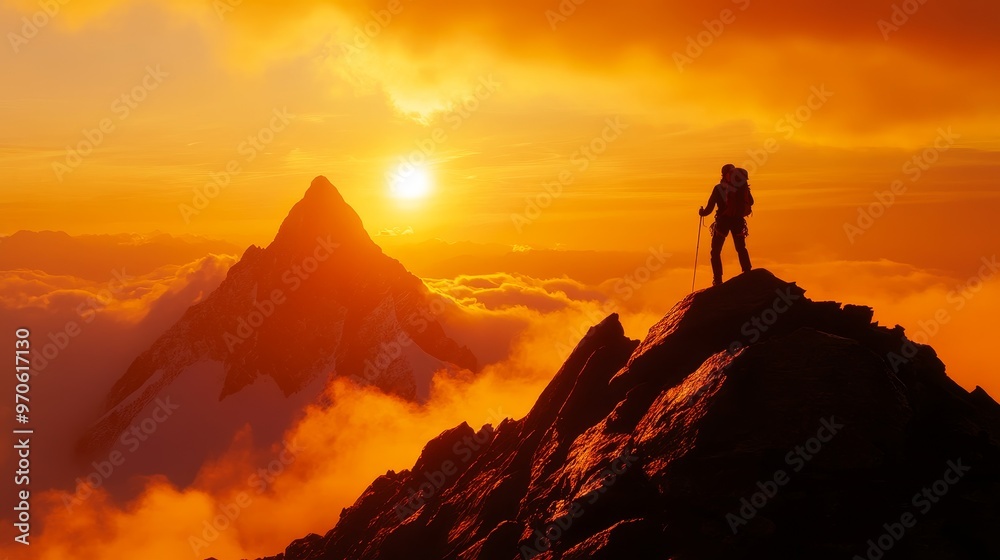 Fototapeta premium Climber's silhouette adorns mountain summit.