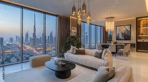 Imagine the stunning interiors of a high-end Dubai apartment. The scene features modern, elegant furnishings