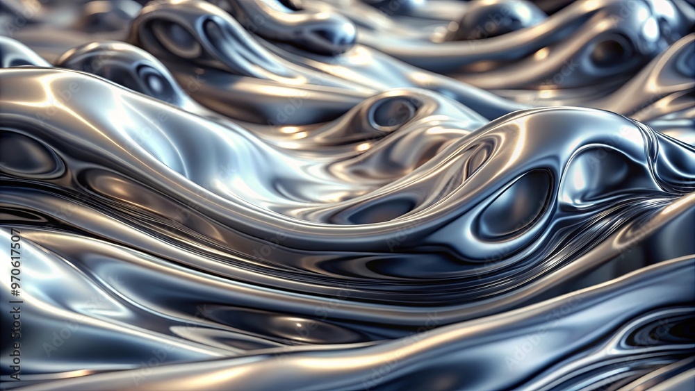 Abstract image of molten, flowing liquid silver with a reflective surface Abstract image of molten, flowing liquid silver with a reflective surface