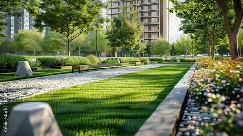 Modern Urban Oasis: Geometric Sculptures and Contemporary Seating Amidst Lush Greenery