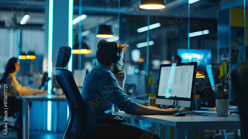 Cybersecurity Guardian: A focused IT professional works late, safeguarding data in a high-tech security operations center illuminated by the cool glow of monitors.  