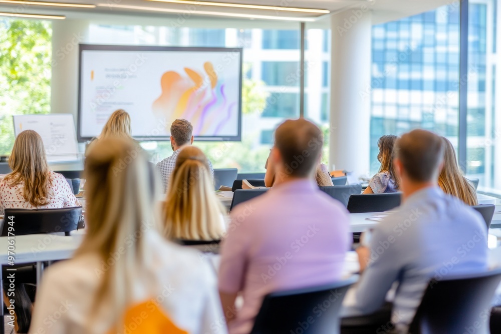 A corporate training session in a modern conference room with large windows letting in natural light A corporate training session in a modern conference room with large windows letting in natural light