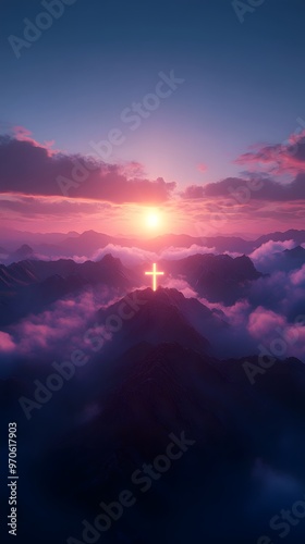  mountain landscape with a glowing cross subtly appearing in the sky at sunrise