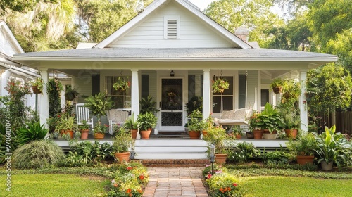 Wallpaper Mural Picture a charming home exterior with a welcoming front porch adorned with potted plants and a cozy swing Torontodigital.ca