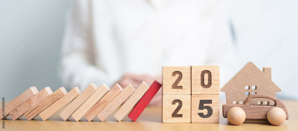2025 year with wood block falling to business icon with Home and Car model. Real estate Mortgage, House loan and Car debt, Interest rate, risk management, Insurance and economic recession 2025 year with wood block falling to business icon with Home and Car model. Real estate Mortgage, House loan and Car debt, Interest rate, risk management, Insurance and economic recession