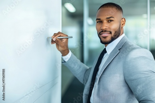 A confident African-American man in his 30s, dressed in a gray suit, writes on a whiteboard in a modern office photo