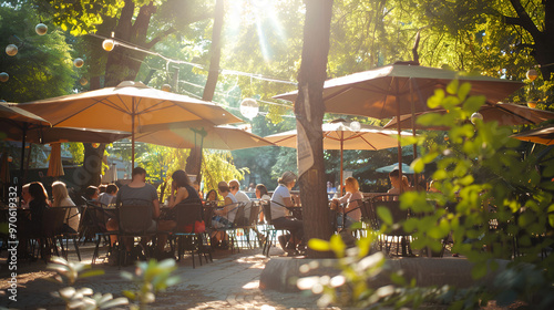 Golden Hour Gatherings: A bustling outdoor cafe comes alive with the warmth of the setting sun, as friends and families gather beneath the shade of umbrellas, savoring shared moments and delicious tre