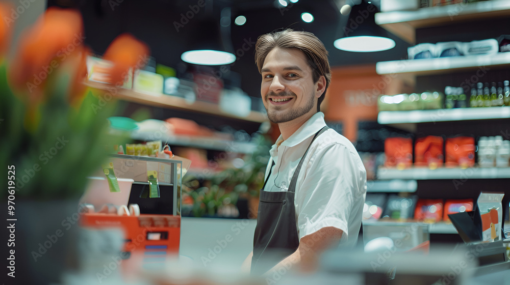 Smiling Grocery Store Clerk: A friendly young man in an apron smiles warmly at the camera, creating a welcoming atmosphere in a well-stocked grocery store. The image conveys a sense of community and c Smiling Grocery Store Clerk: A friendly young man in an apron smiles warmly at the camera, creating a welcoming atmosphere in a well-stocked grocery store. The image conveys a sense of community and c