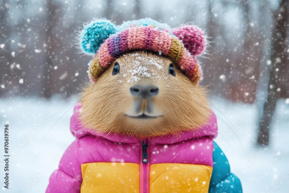 Capybara in Colorful Winter Gear Enjoying Snowy Day Outdoors Image
