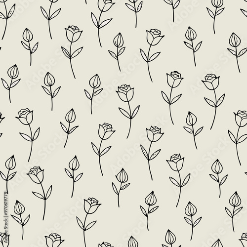 Adobe Illustrator Artwork Illustrate a minimalist pattern of tiny rosebuds in a monochrome palette