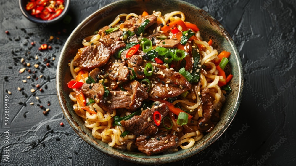 Stir fry noodles with vegetables: red paprika, champignons, green onion and beef steak in ceramic bowl. Black table background, top view Stir fry noodles with vegetables: red paprika, champignons, green onion and beef steak in ceramic bowl. Black table background, top view