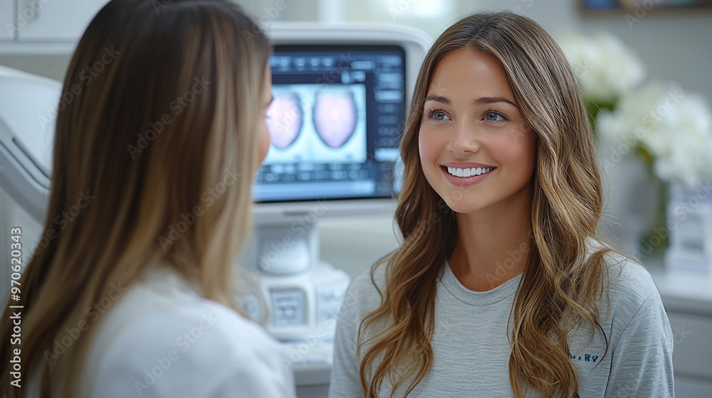 A smiling woman interacts with a healthcare professional in a modern clinic setting, showcasing patient care and medical technology.