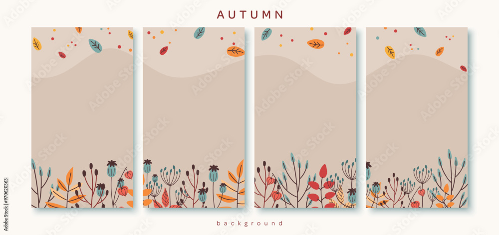 Naklejka premium Abstract autumn social media post templates set with collage element of simple trendy style. Collection of backgrounds in flat design. Concept of posters with fall leaves, plants. Stock illustration.