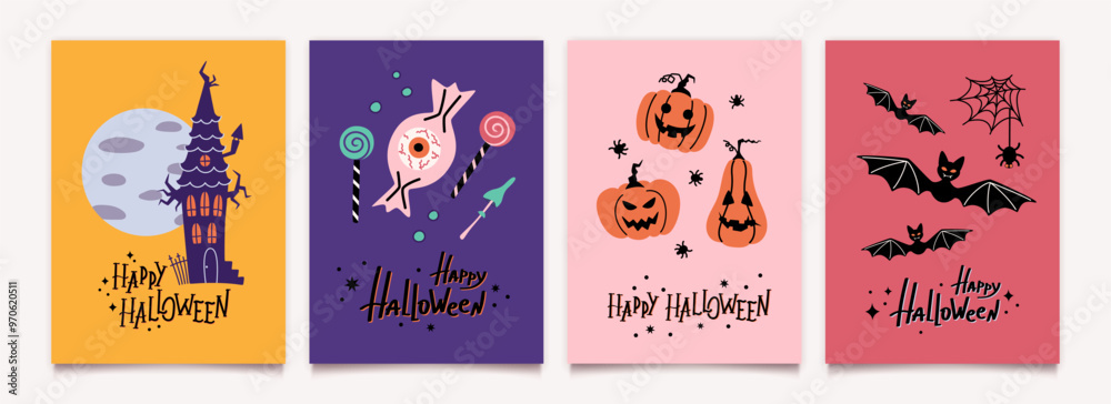 Fototapeta premium Happy Halloween party posters template set with lettering in flat design. Haunted house, full moon, pumpkins, bats, treats. Vector backgrounds collection.