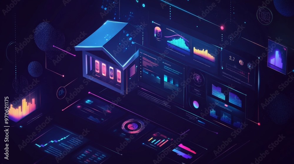 Picture a data dashboard in a smart home system. The scene includes real-time metrics on energy usage, security alerts Picture a data dashboard in a smart home system. The scene includes real-time metrics on energy usage, security alerts