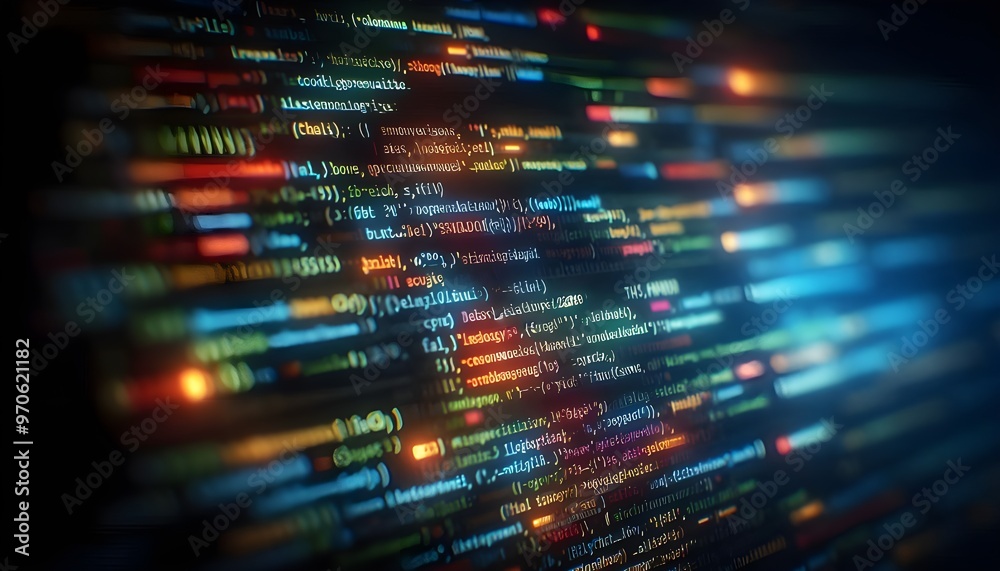 Close-up shot of colorful programming code on a dark screen with a tilt-shift lens effect, underlying a technology concept Close-up shot of colorful programming code on a dark screen with a tilt-shift lens effect, underlying a technology concept