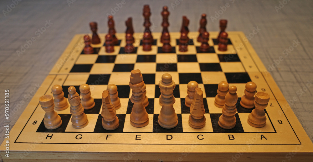A simple chessboard with all the pieces in the right place. It can be collapsed with room for the chess pieces A simple chessboard with all the pieces in the right place. It can be collapsed with room for the chess pieces