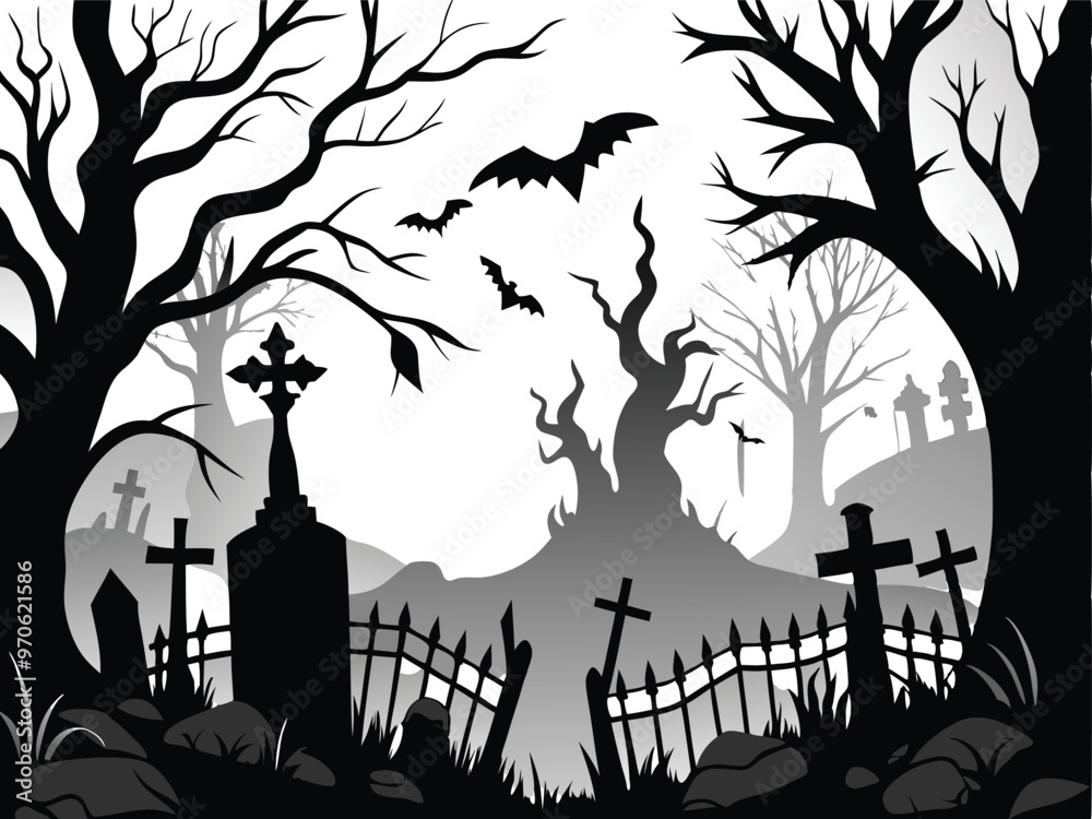 Spooky Graveyard Silhouette Scene with Bats and Bare Trees