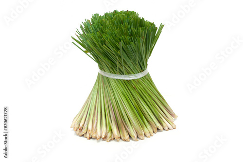 Lemongrass tied together separately on white background.