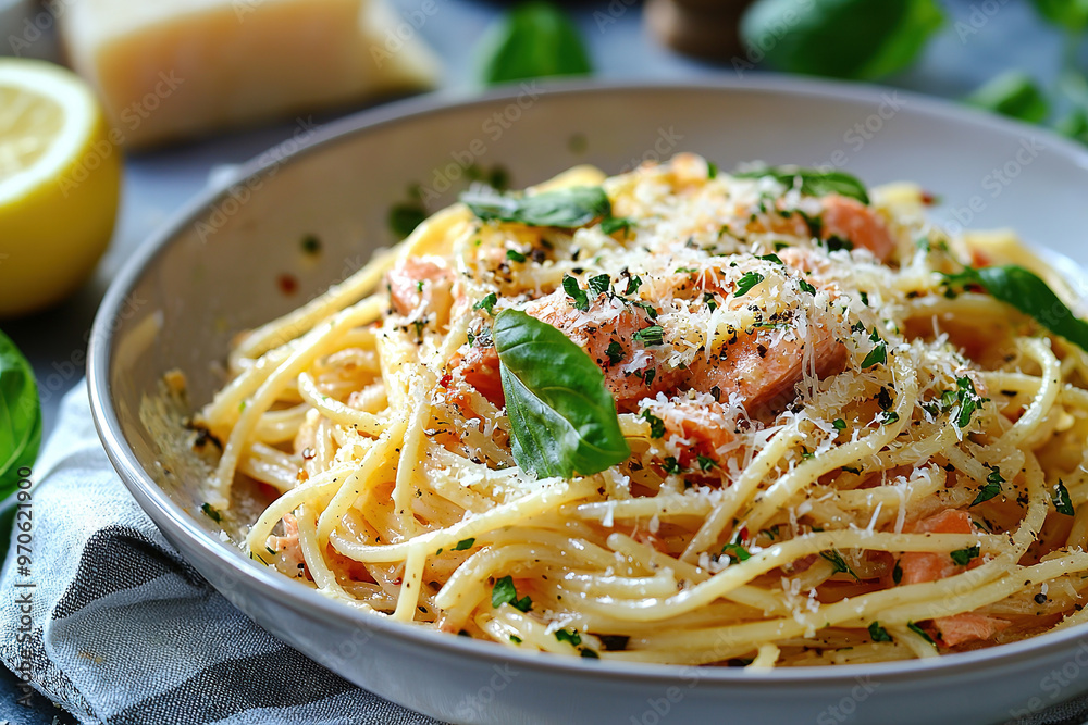 pasta with salmon in a creamy sauce, sprinkled with grated cheese pasta with salmon in a creamy sauce, sprinkled with grated cheese