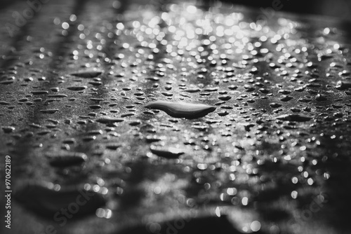 Black and white capture of shiny water droplets on black ground after heavy rain photo