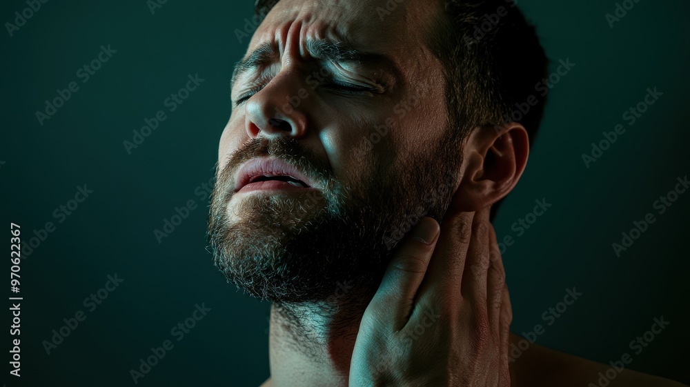 A man experiencing pain, holding his neck in anguish against a dark background, capturing intense emotion and struggle. A man experiencing pain, holding his neck in anguish against a dark background, capturing intense emotion and struggle.