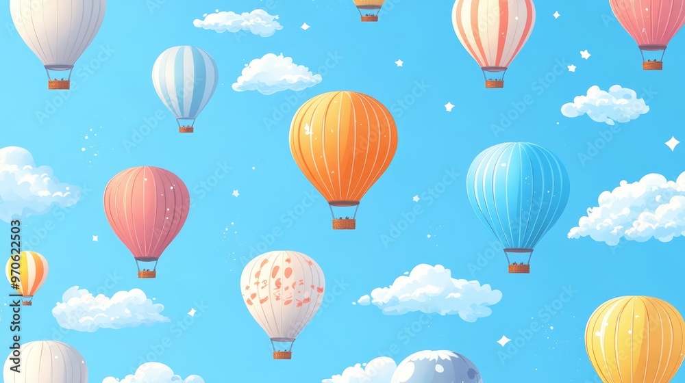 Colorful Hot Air Balloons Soaring in a Blue Sky with White Clouds Colorful Hot Air Balloons Soaring in a Blue Sky with White Clouds