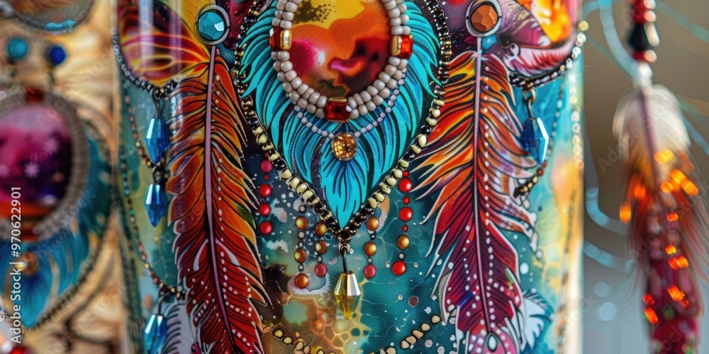 Naklejka premium Transform your Tumbler with a stunning wrap featuring vibrant feathers dancing amidst earthly and bright sea colors accented by strings of beads and traditional Native American jewelry for