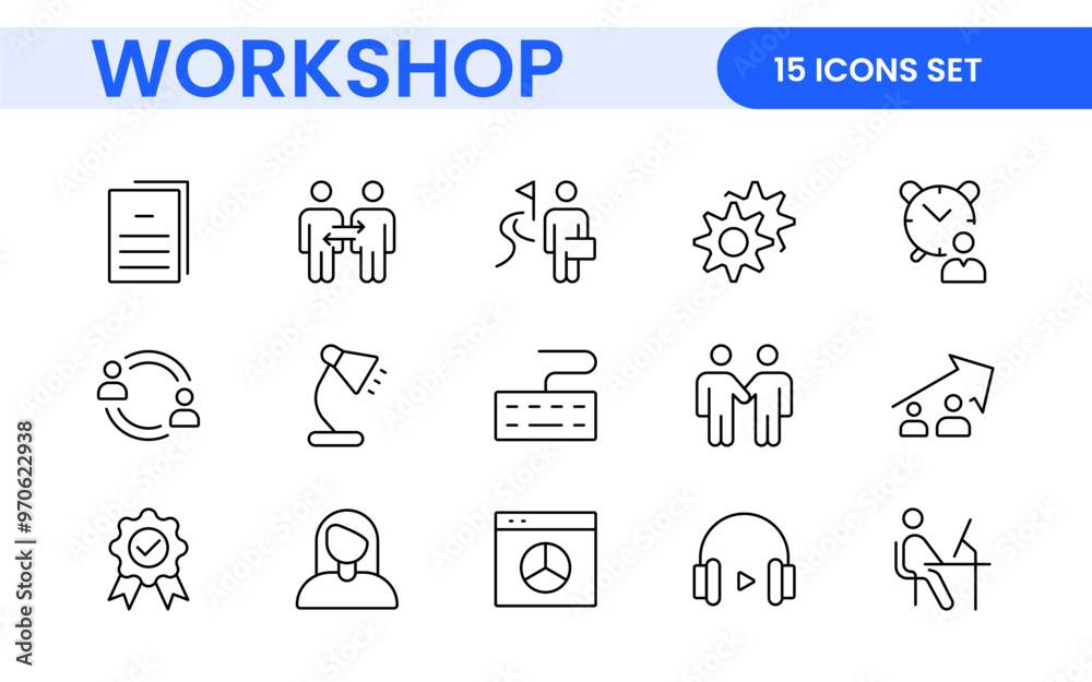 Set of Workshop and Coaching line icons. Outline icon collection related to training, coaching, mentoring, education, meetings, conferences, and teamwork.