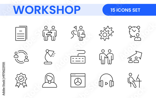 Set of Workshop and Coaching line icons. Outline icon collection related to training, coaching, mentoring, education, meetings, conferences, and teamwork.