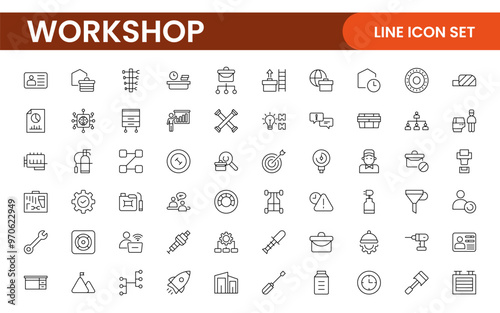 Set of Workshop and Coaching line icons. Outline icon collection related to training, coaching, mentoring, education, meetings, conferences, and teamwork.