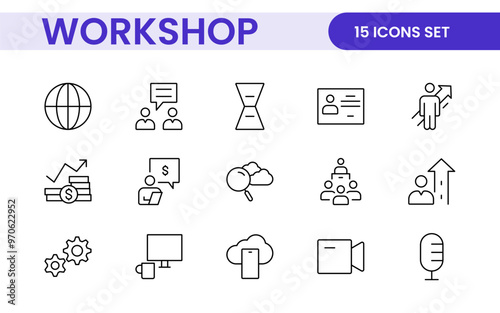 Set of Workshop and Coaching line icons. Outline icon collection related to training, coaching, mentoring, education, meetings, conferences, and teamwork.