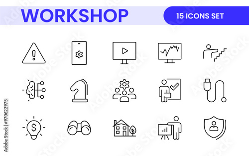 Set of Workshop and Coaching line icons. Outline icon collection related to training, coaching, mentoring, education, meetings, conferences, and teamwork.
